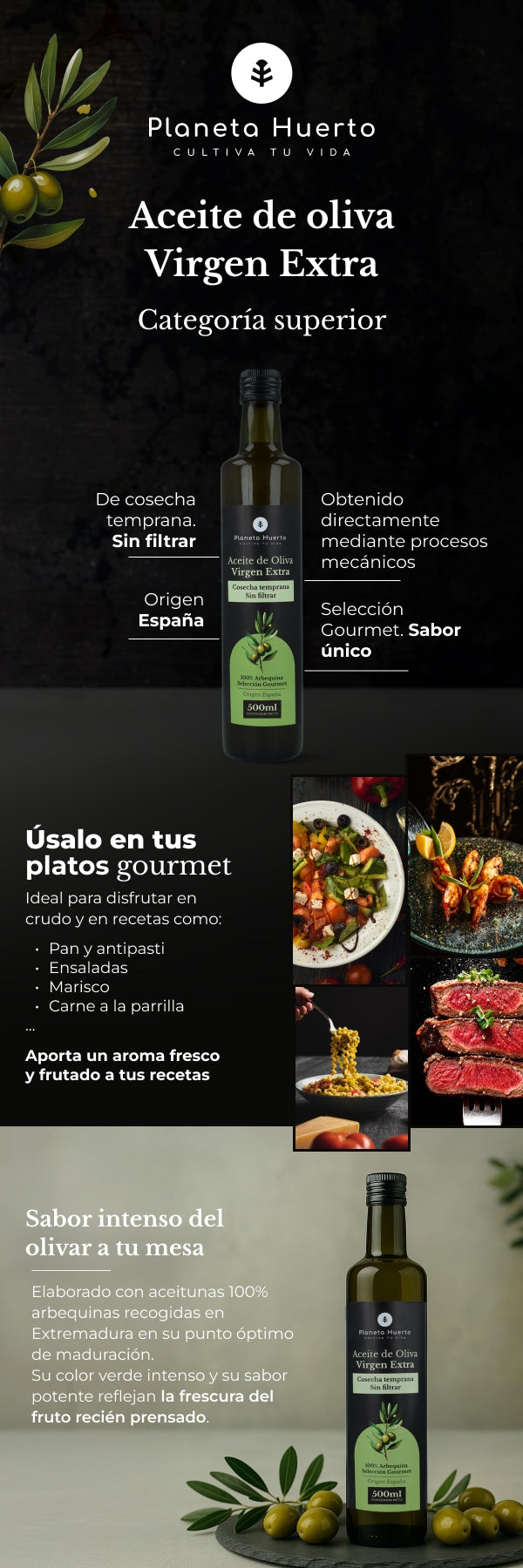 Pack 3x Aceite de oliva virgen extra de cosecha temprana verde sin filtrar Planeta Huerto 500 ml