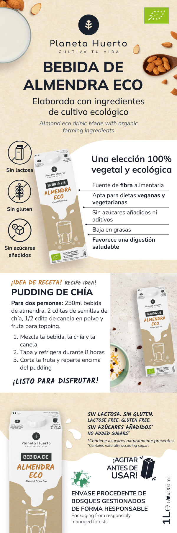 Pack 12x Bebida de Almendra Eco Planeta Huerto 1L