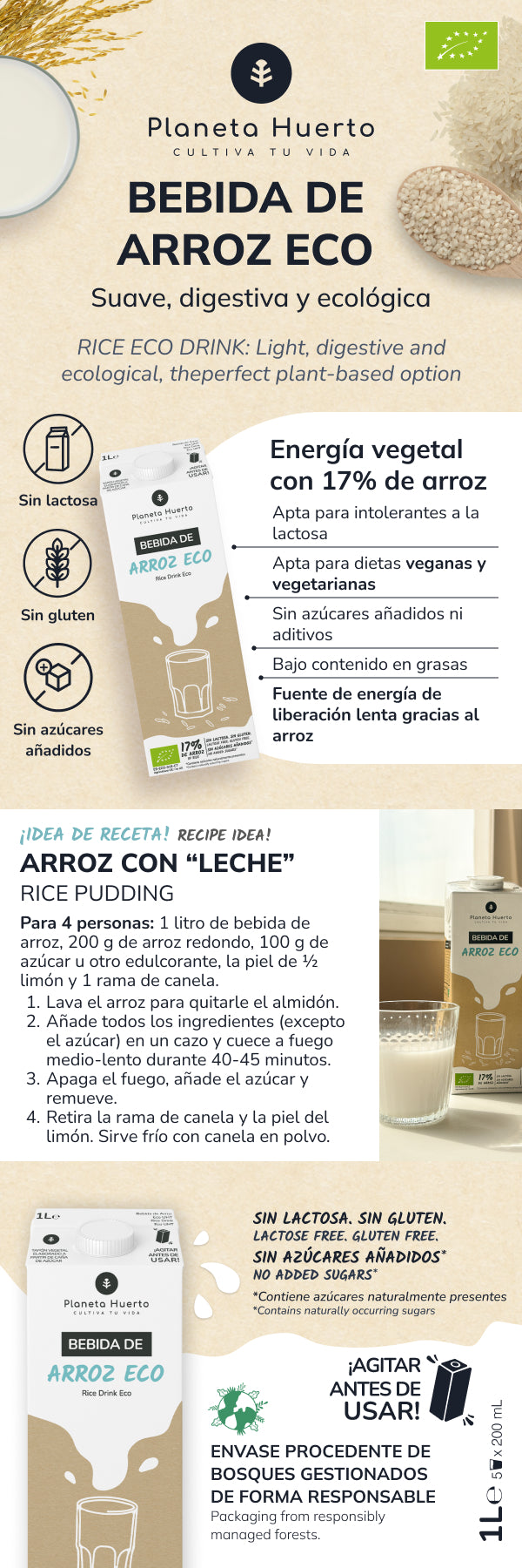 Pack 12x Bebida de Arroz Eco Planeta Huerto 1L
