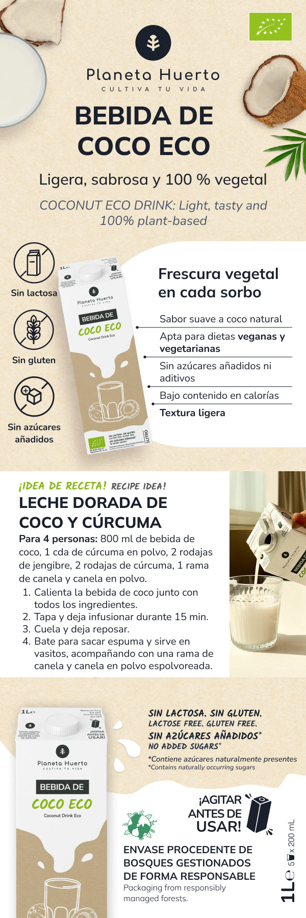 Pack 12x Bebida de Coco Eco Planeta Huerto 1L