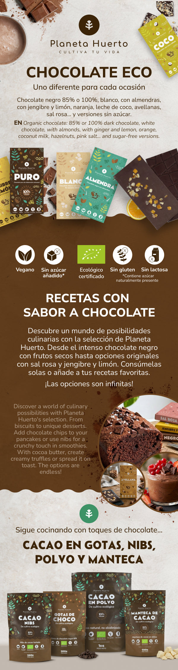 Tableta 100% cacao ECO Planeta Huerto 70 g