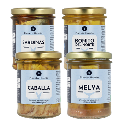 Pack Melva, Caballa, Bonito y Sardinas en aceite de oliva virgen ECO, Planeta Huerto