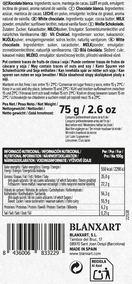 Chocolate Blanco Sin gluten Blanxart 75 g