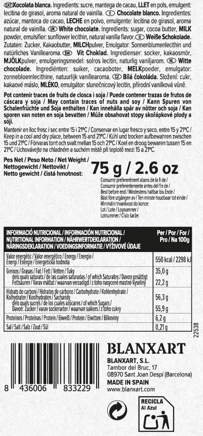 Chocolate Blanco Sin gluten Blanxart 75 g