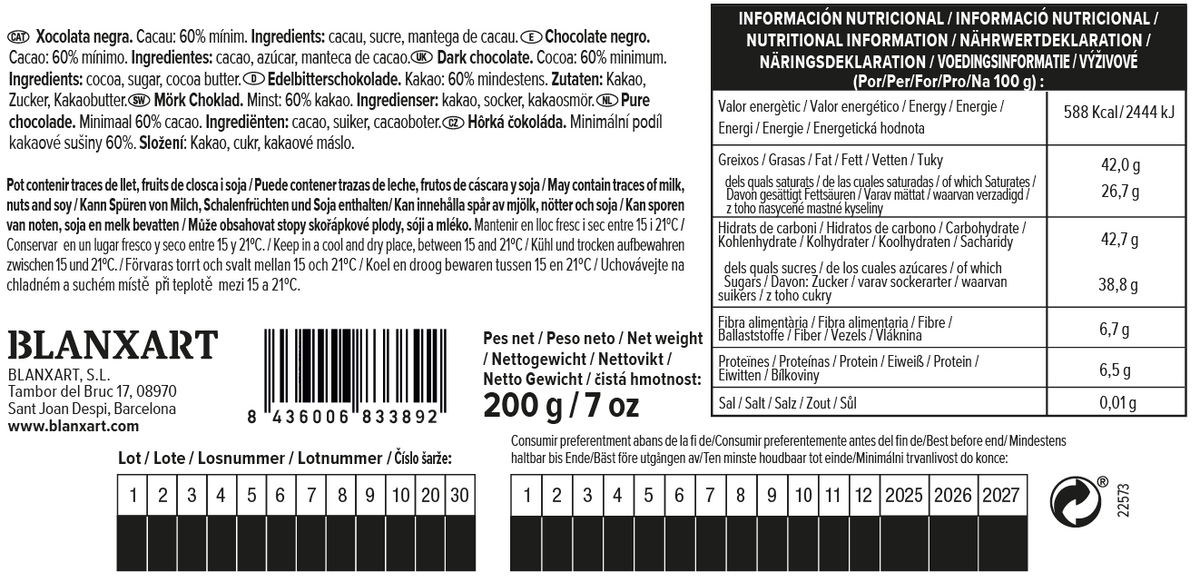 Chocolate Negro 60% para Postres Blanxart 200 g