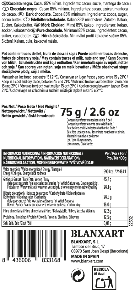 Chocolate Negro 85% Vegano Sin gluten Blanxart 75 g