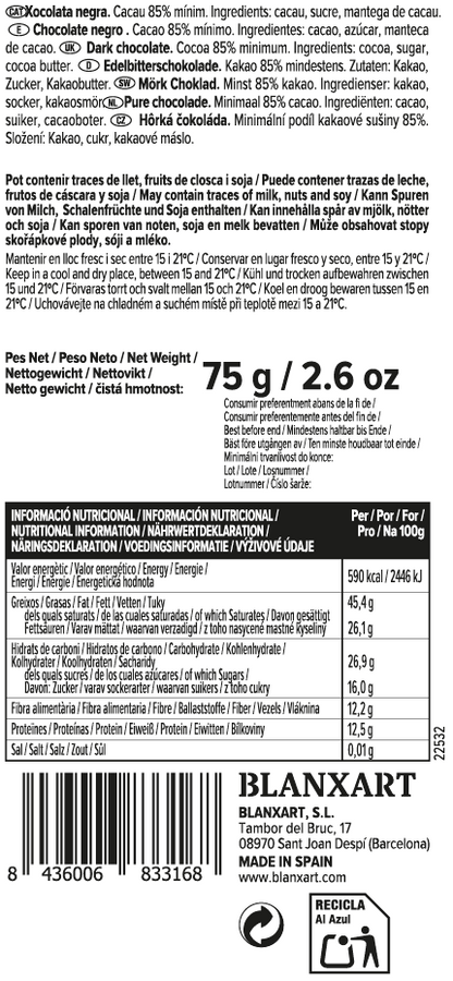 Chocolate Negro 85% Vegano Sin gluten Blanxart 75 g
