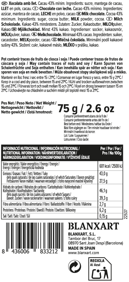 Chocolate con Leche Sin gluten Blanxart 75 g