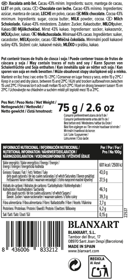 Chocolate con Leche Sin gluten Blanxart 75 g
