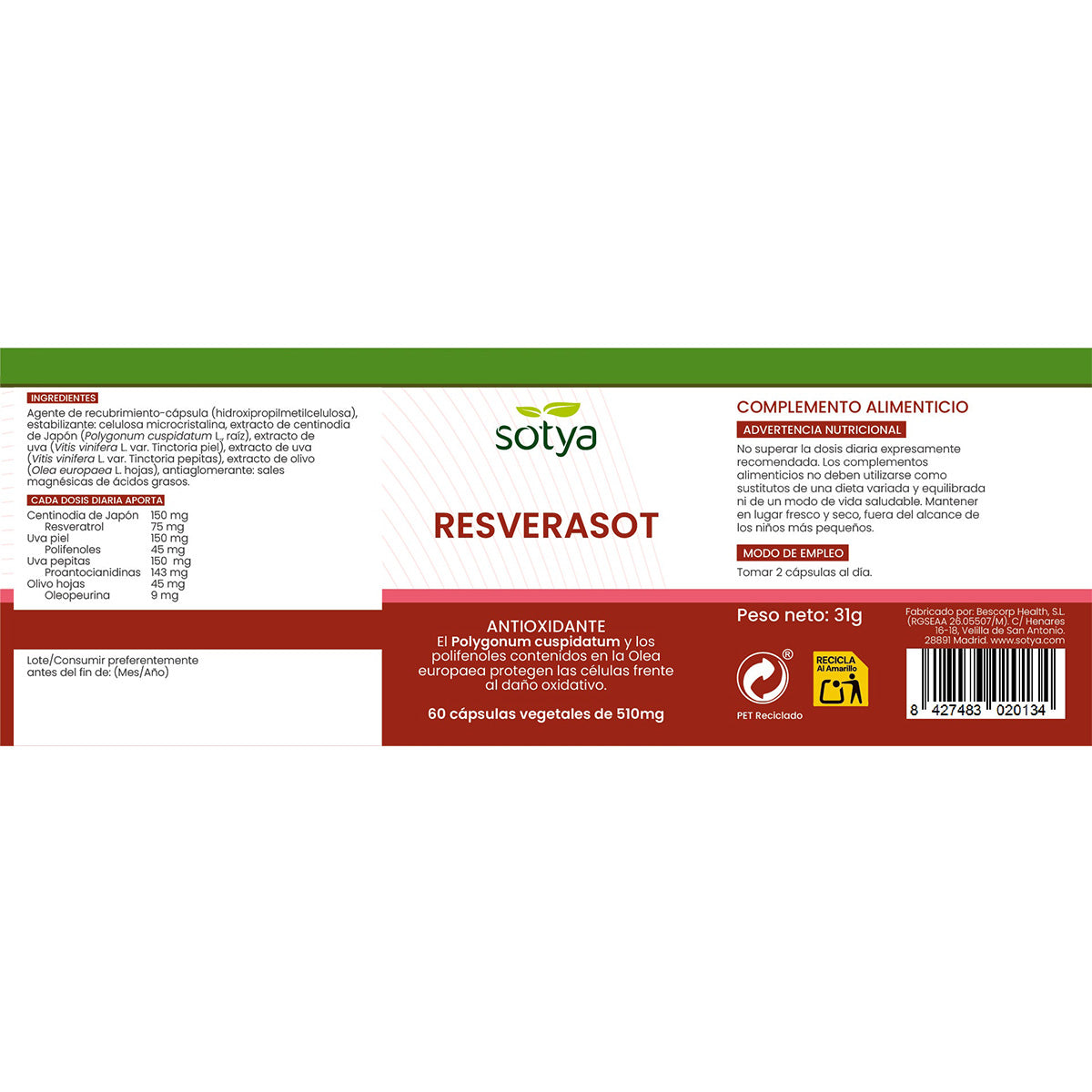 Resverasot Sotya 510 Mg. 60 Caps