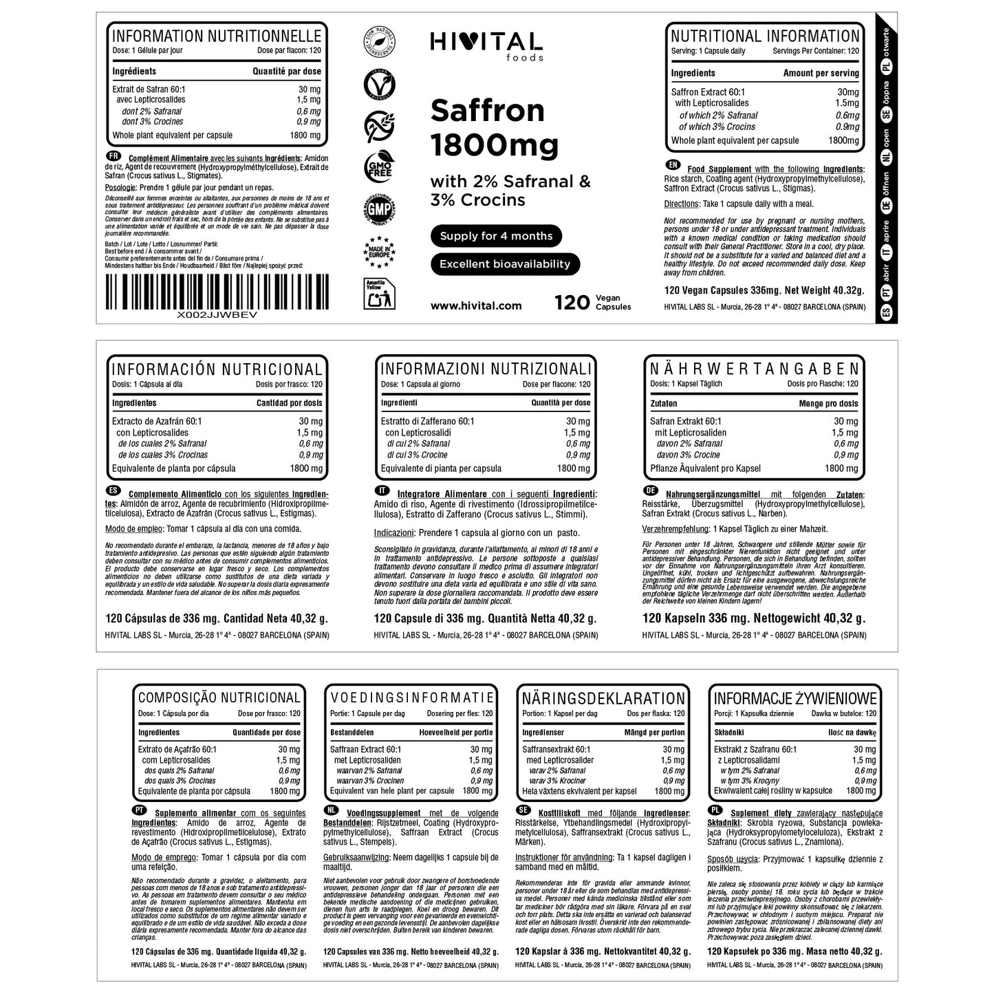 Azafrán 1800 mg Hivital 120 cápsulas veganas