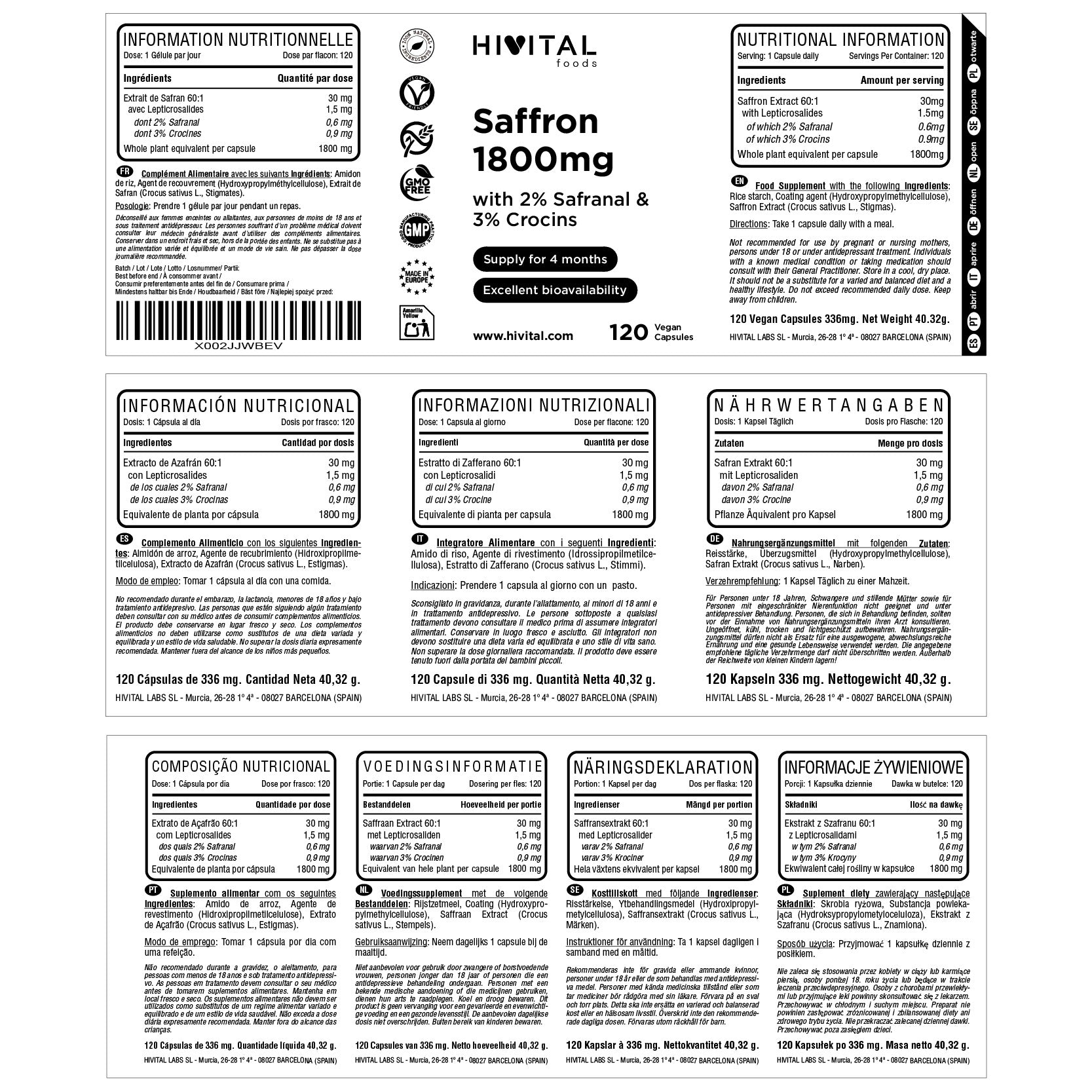 Azafrán 1800 mg Hivital 120 cápsulas veganas