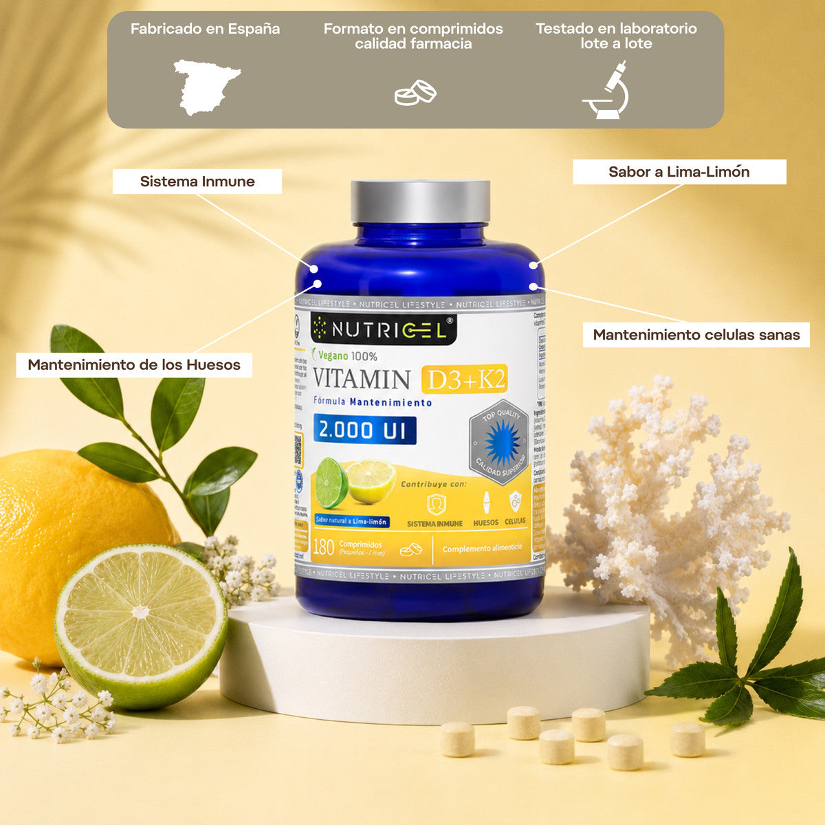 Vitamina D3 + K2 MK7 2000 UI Vegana Nutricel 180 comprimidos sabor lima-limón