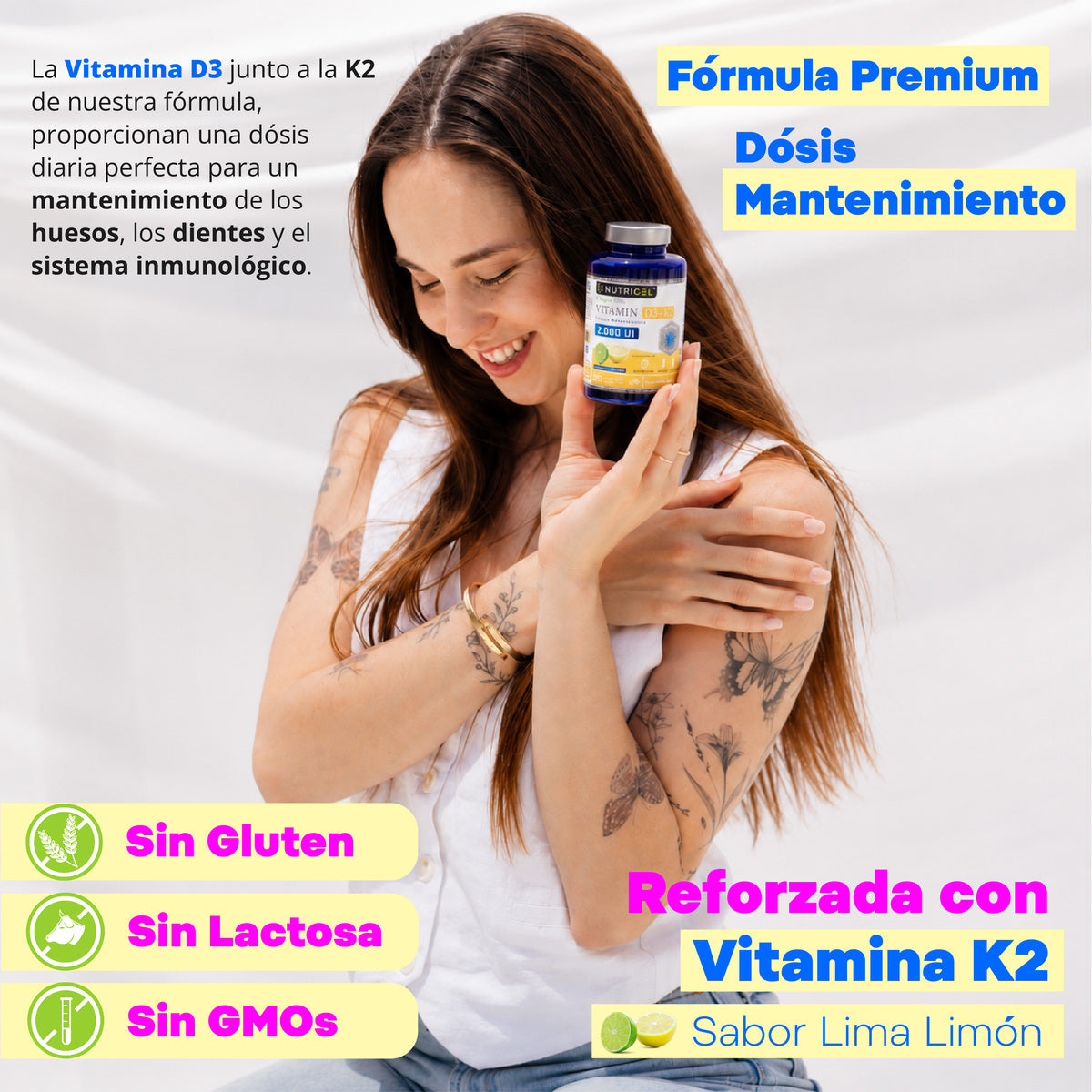 Vitamina D3 + K2 MK7 2000 UI Vegana Nutricel 180 comprimidos sabor lima-limón