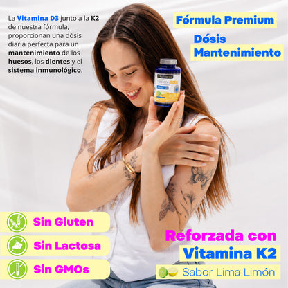 Vitamina D3 + K2 MK7 2000 UI Vegana Nutricel 180 comprimidos sabor lima-limón