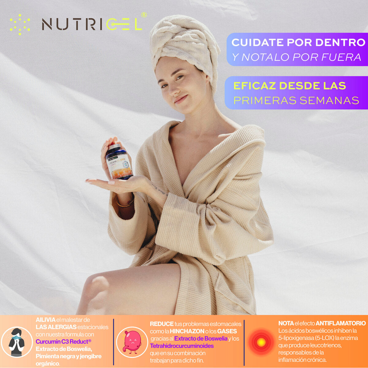 Cúrcuma C3 Plus con C3 Reduct® + Boswellia, Jengibre y Pimienta Nutricel 120 cápsulas