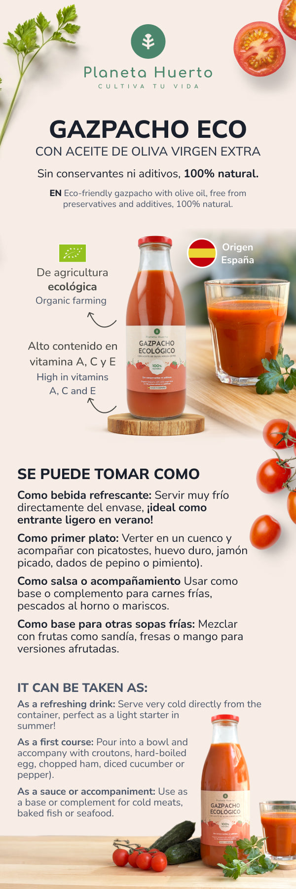 Gazpacho tradicional ECO con AOVE Planeta Huerto 1L