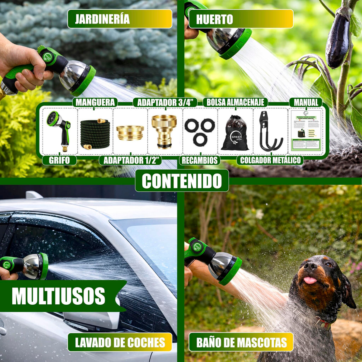 GREEN GOF Manguera De Jardín Premium 30m. 10 Funciones De Pulverización, Ligera, Extensible. Alta Resistencia. Verde_4