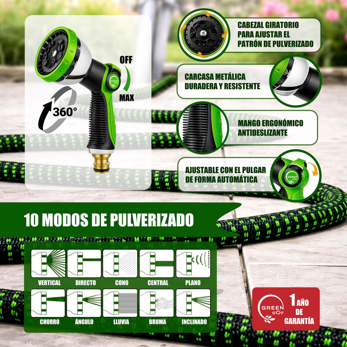 GREEN GOF Manguera De Jardín Premium 7,5m. 10 Funciones De Pulverización, Ligera, Extensible. Alta Resistencia. Verde_1