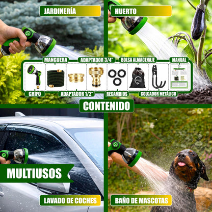 GREEN GOF Manguera De Jardín Premium 7,5m. 10 Funciones De Pulverización, Ligera, Extensible. Alta Resistencia. Verde_4