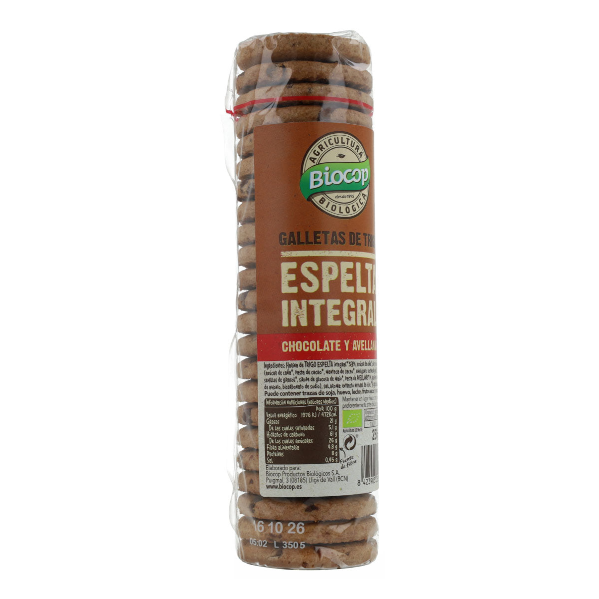 Galleta Trigo Espelta Integral con Chocolate y Avellanas Bio Biocop 250 g