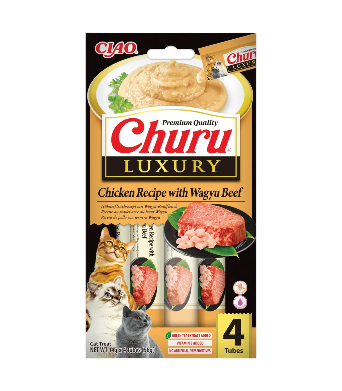 Snack Cremoso Luxury de Pollo y Wagyu para Gatos Churu 4 x 14 g - envase frontal