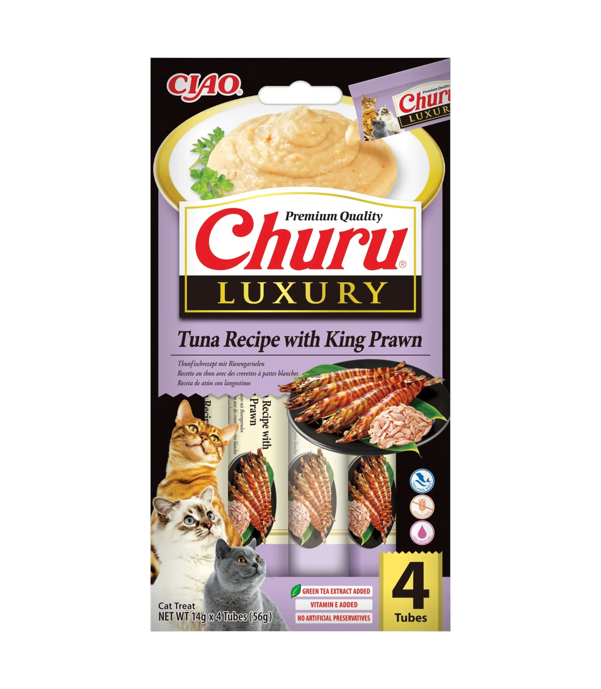 Snack Cremoso Luxury de Atún y Gambas Gigantes para Gatos Churu 4 x 14 g - envase frontal