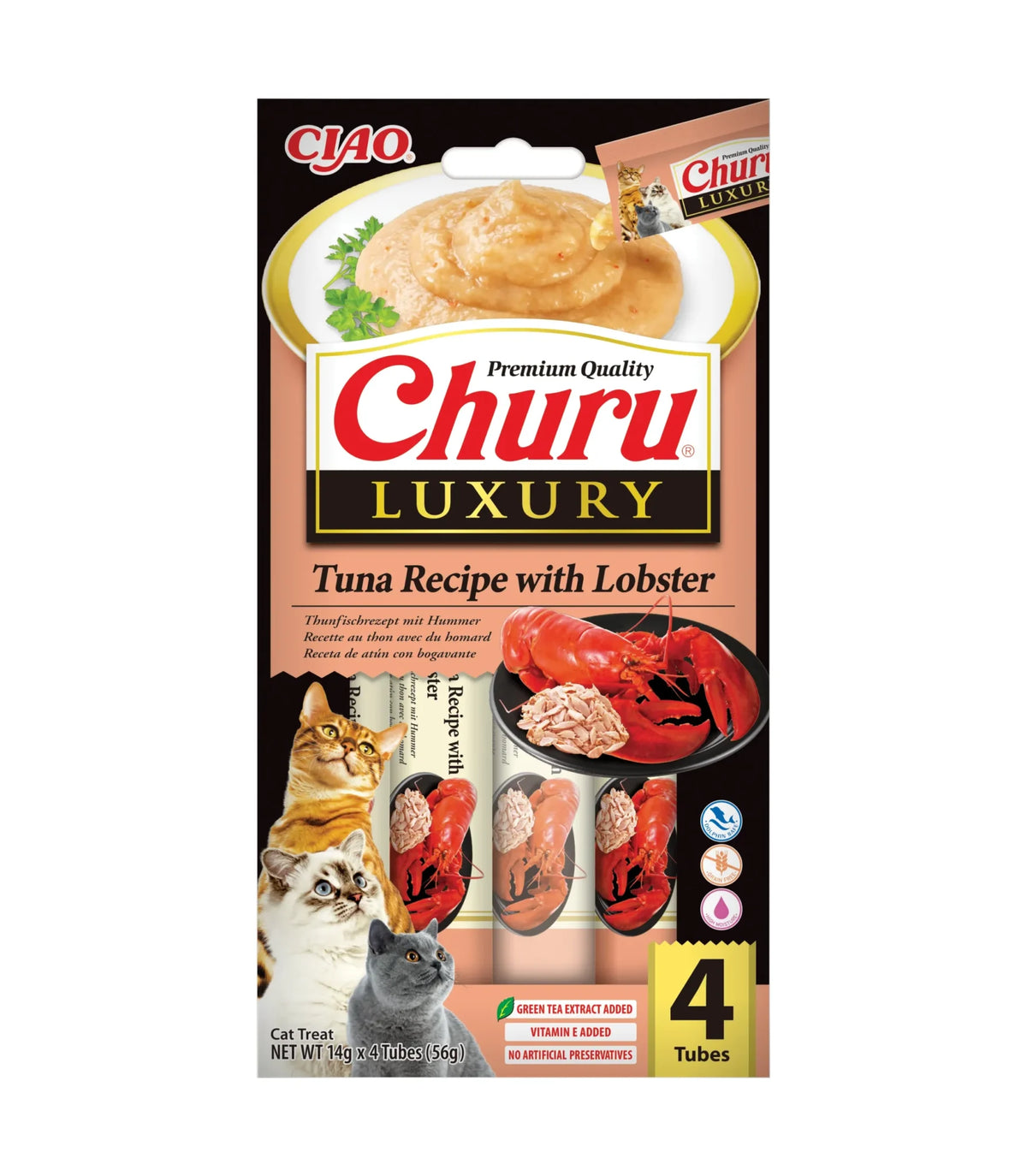 Snack Cremoso Luxury de Atún y Langosta para Gatos Churu 4 x 14 g - envase frontal