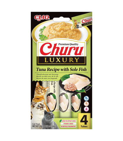 Snack Cremoso Luxury de Atún y Lenguado para Gatos Churu 4 x 14 g - envase frontal