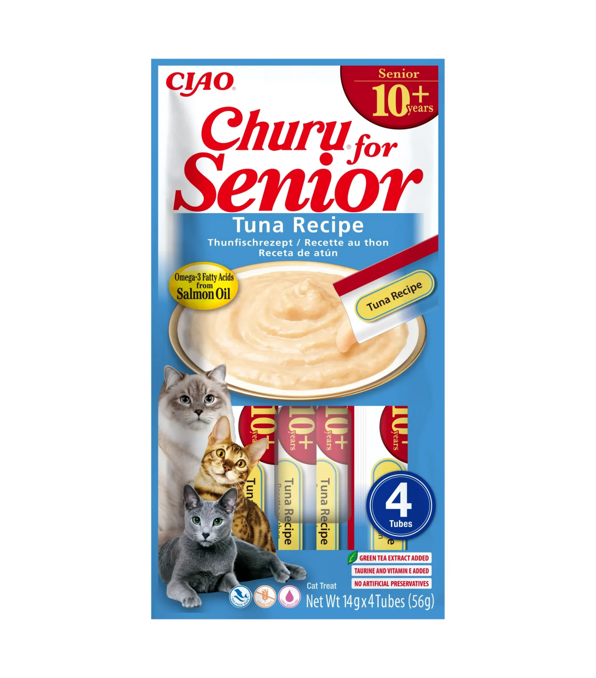 Snack Cremoso Senior de Atún para Gatos Churu 4 x 14 g - envase frontal