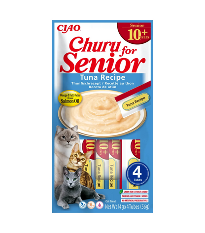 Snack Cremoso Senior de Atún para Gatos Churu 4 x 14 g - envase frontal