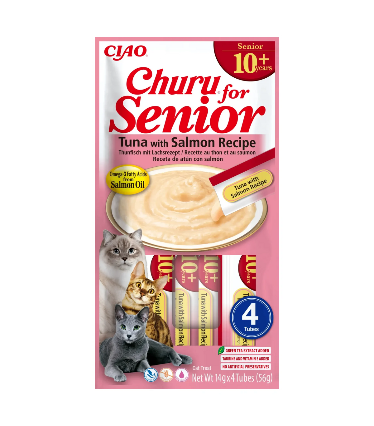 Snack Cremoso Senior de Atún y Salmón para Gatos Churu 4 x 14 g - envase frontal