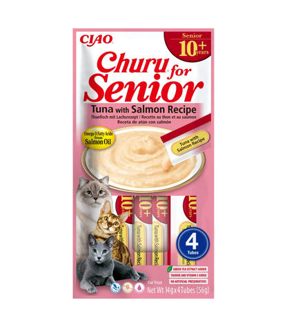 Snack Cremoso Senior de Atún y Salmón para Gatos Churu 4 x 14 g - envase frontal