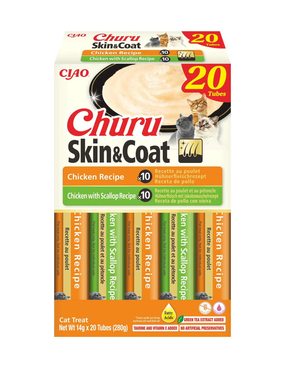 Variedades Skin and Coat de Pollo para Gatos Churu 20 x 14 g - envase frontal