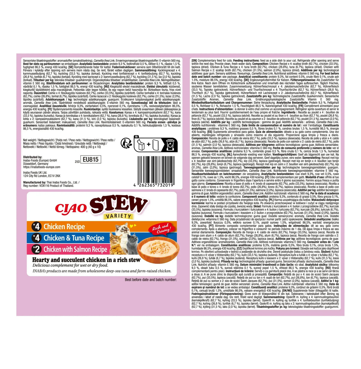 Ciao Stew Multipack de Pollo, Atún y Salmón para Gatos Churu 10 x 40 g - composición y análisis (trasera)