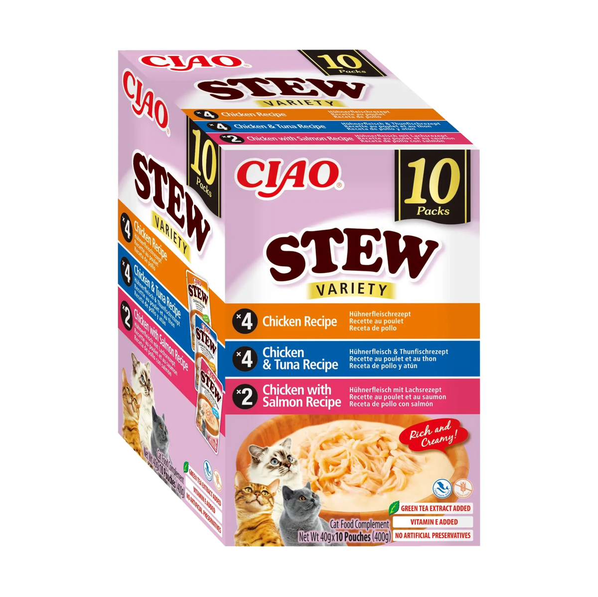 Ciao Stew Multipack de Pollo, Atún y Salmón para Gatos Churu 10 x 40 g - envase