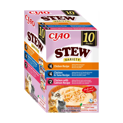 Ciao Stew Multipack de Pollo, Atún y Salmón para Gatos Churu 10 x 40 g - envase