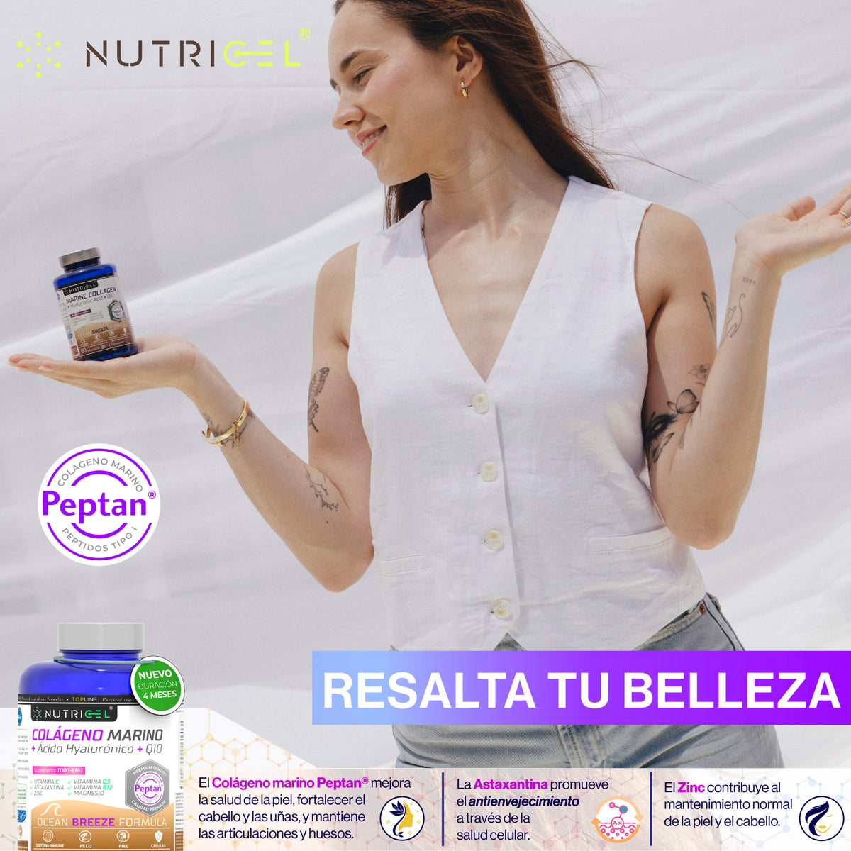 Colágeno marino Peptan® + Ácido hialurónico + CoQ10 Nutricel 120 cápsulas