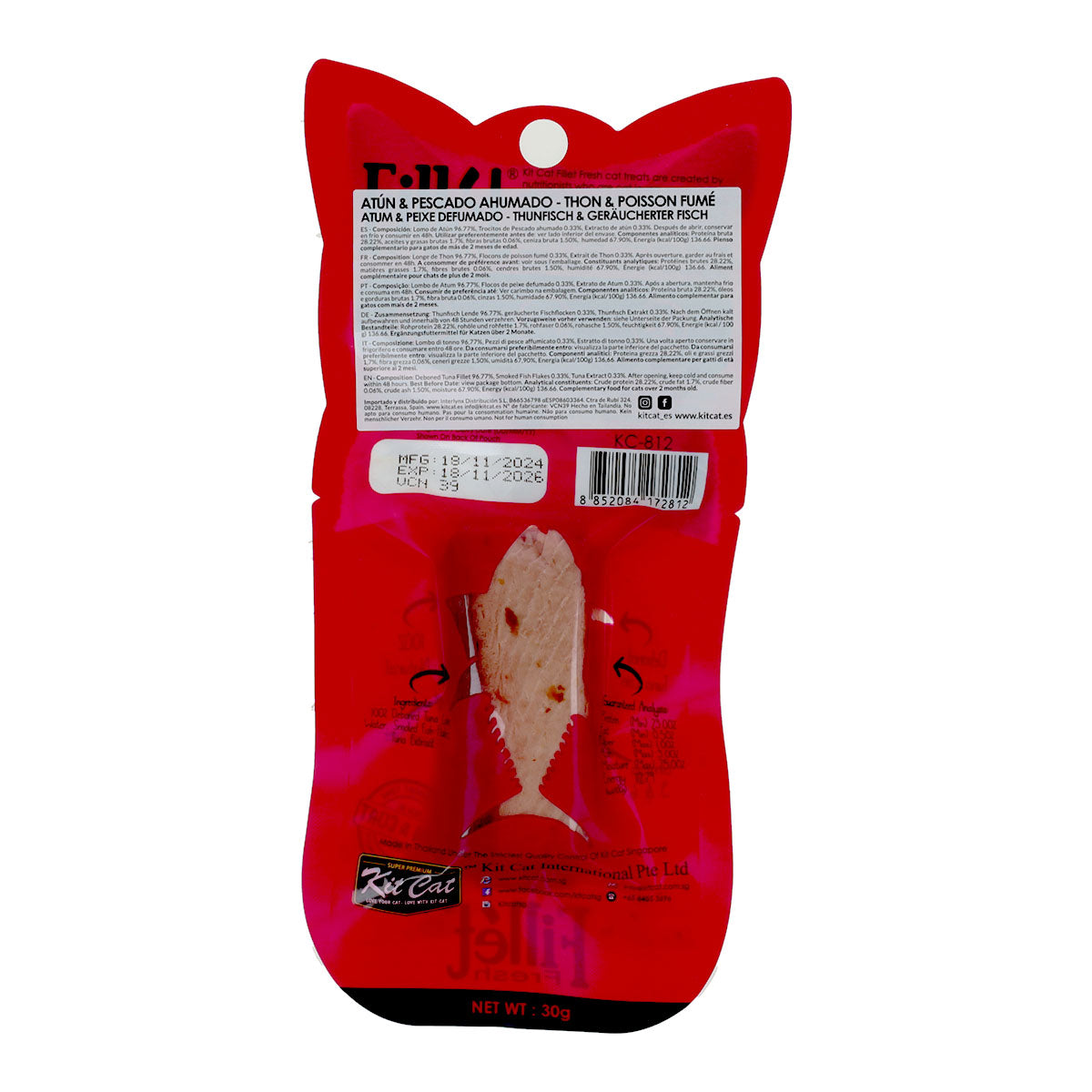 Kit Cat FilletFresh - Atún y Pescado Ahumado 30 g Snack natural para gatos