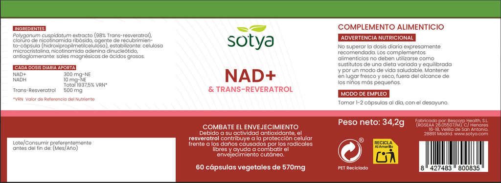 NAD Trans Resveratrol Sotya 60 cápsulas