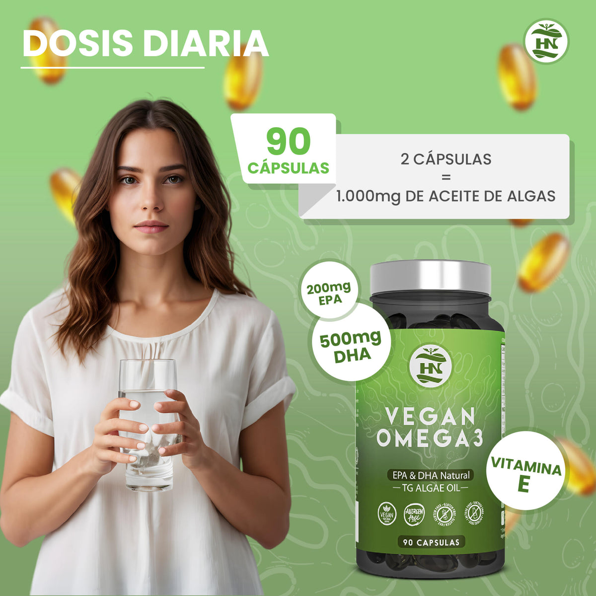 Omega 3 Vegano De Algas, 90 Caps Con Vitamina E, Ideal Para Cerebro Y Corazón, Seplemento Para Veganos-vegetarianos_5