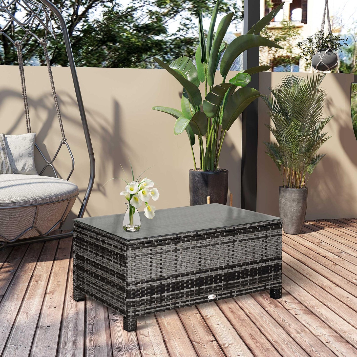 Outsunny Mesa De Jardín De Ratán Sintético Con Vidrio Templado 85x50x39cm Gris_4