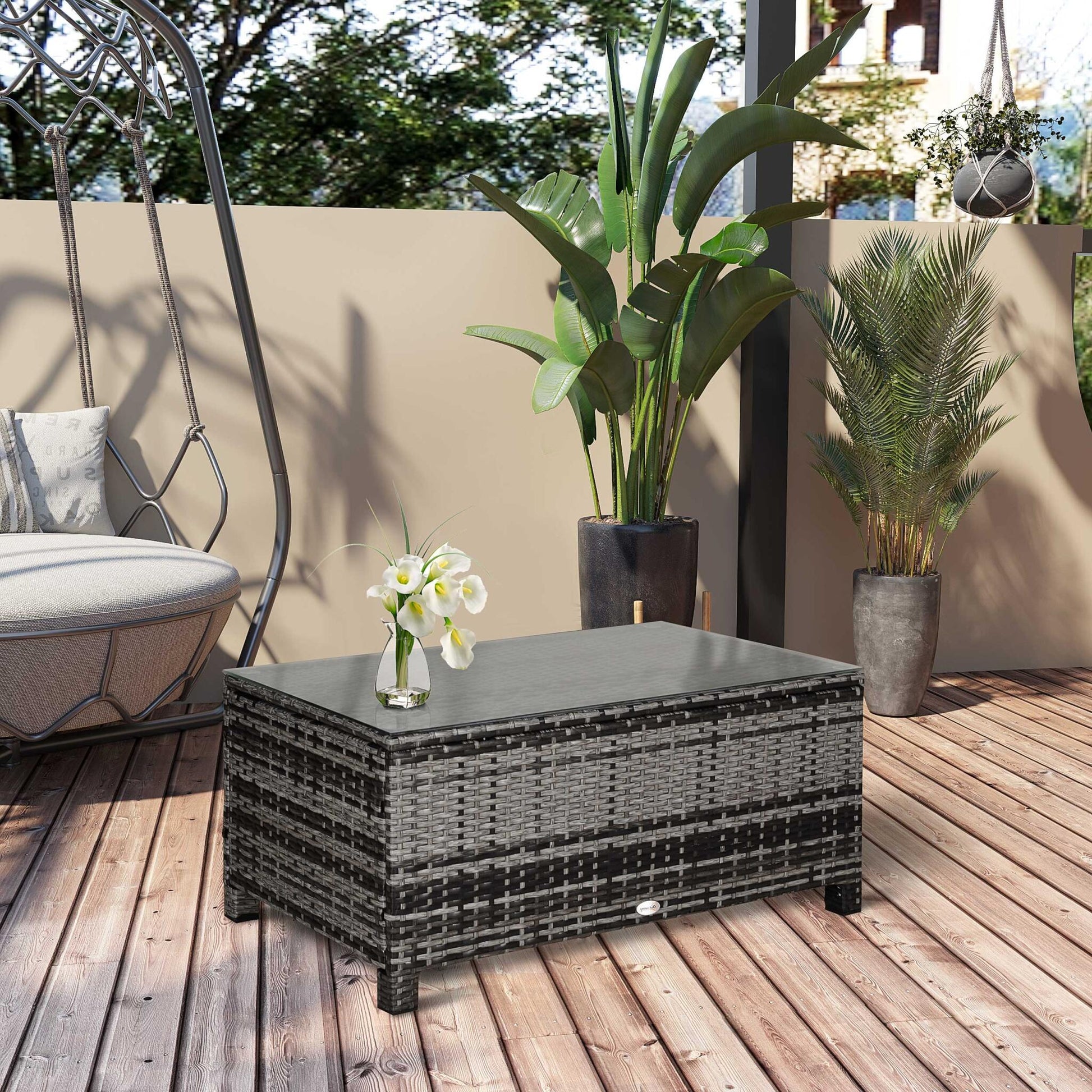 Outsunny Mesa De Jardín De Ratán Sintético Con Vidrio Templado 85x50x39cm Gris_4