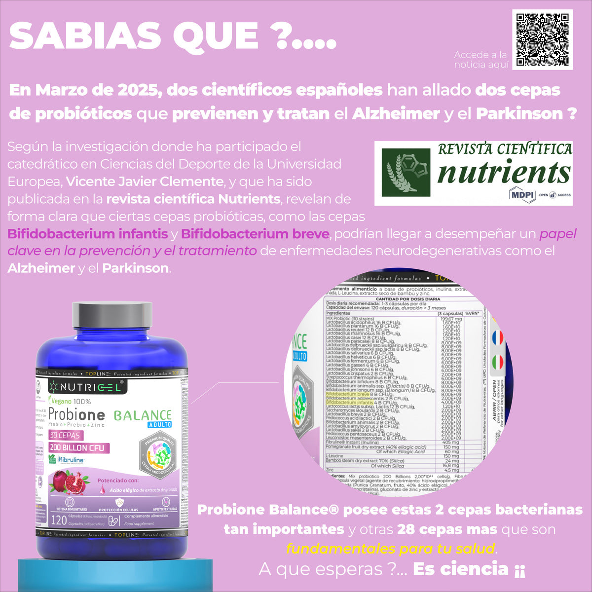 Probione Balance Probióticos y Prebióticos 200 mil M UFC Nutricel 120 cápsulas