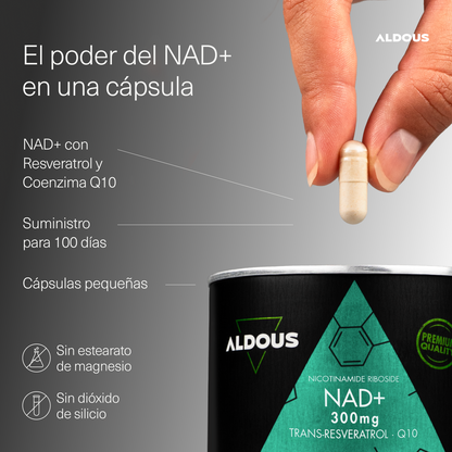 NAD+ 100% con Niacinamida, Resveratrol y Q10 100 Cápsulas Aldous Bio