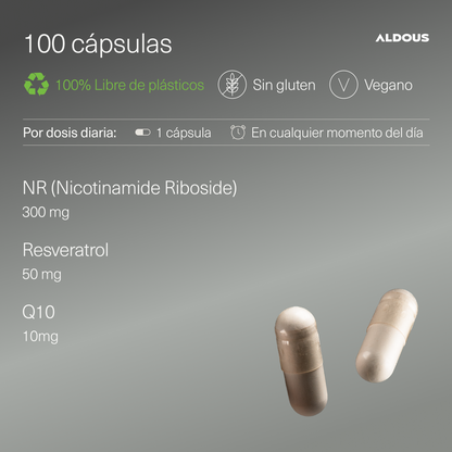 NAD+ 100% con Niacinamida, Resveratrol y Q10 100 Cápsulas Aldous Bio