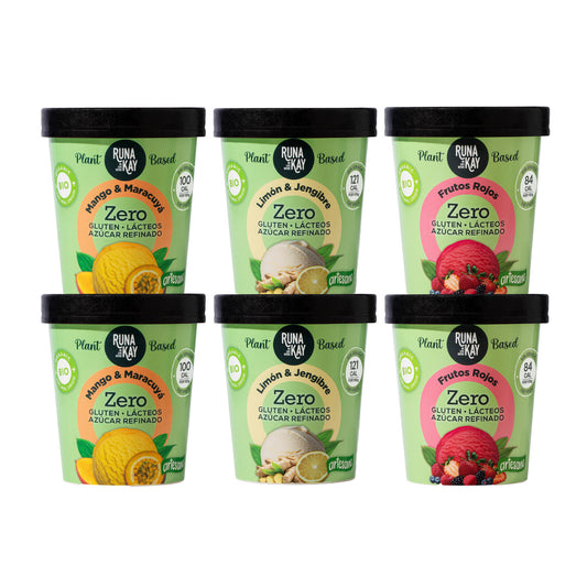 Pack Mix Helado Artesano Eco Sin Gluten Ni Azúcar Refinado Mango&maracuyá Limón&jengibre Frutos Rojos Runakay 6x460ml_0