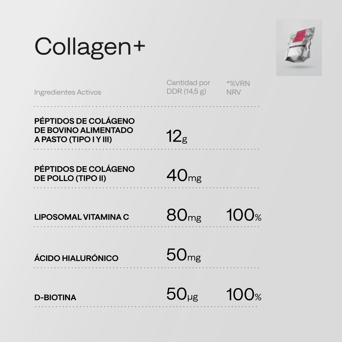 Pack colágeno multicomplejo con péptidos bovinos y aviares, vitamina C liposomal, ácido hialurónico y biotina_2