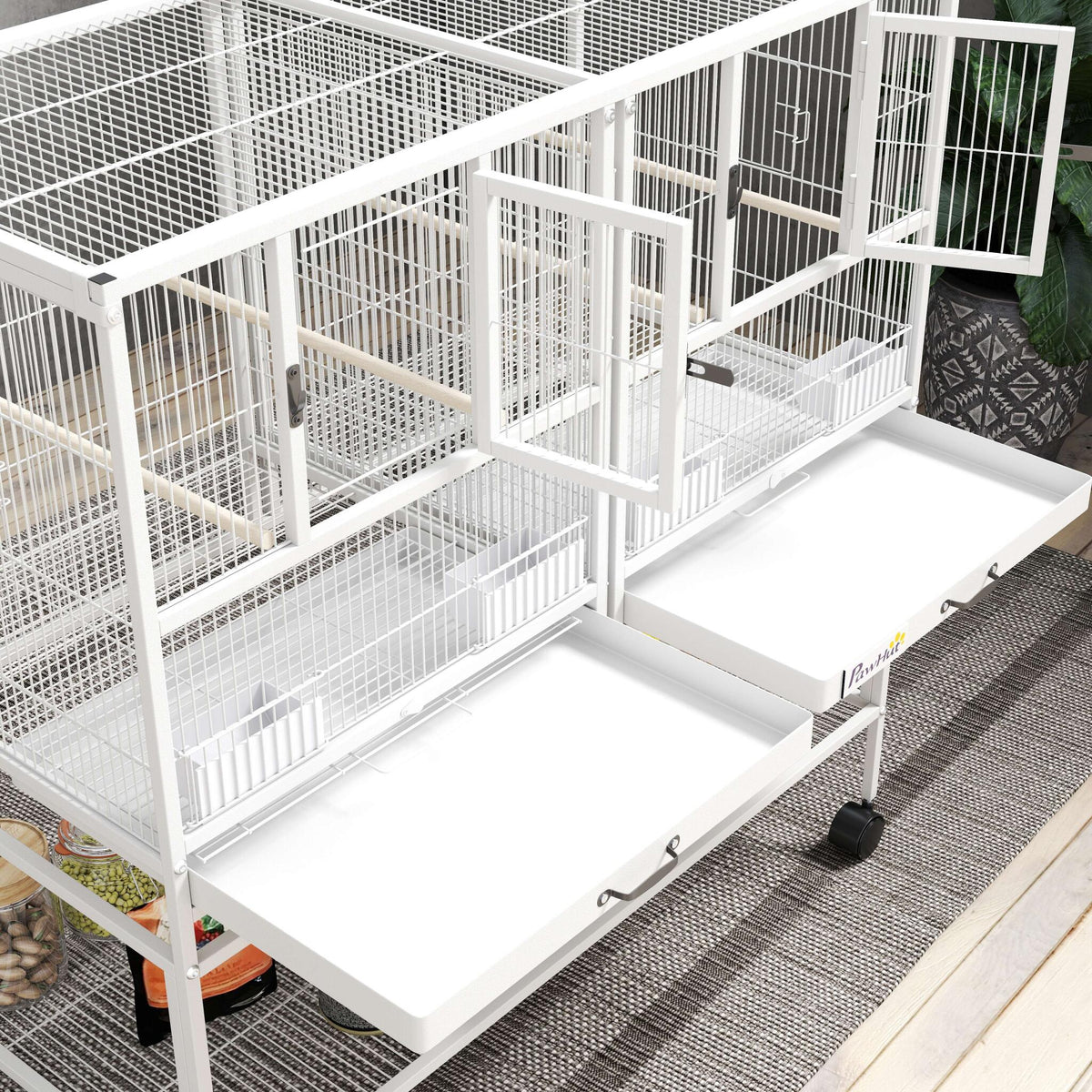 Pawhut Jaula Para Pájaros Con Ruedas Comederos Estante 95x45,5x102 Cm Blanco_3