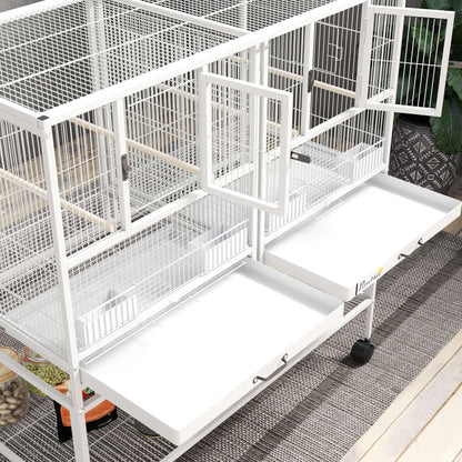 Pawhut Jaula Para Pájaros Con Ruedas Comederos Estante 95x45,5x102 Cm Blanco_3